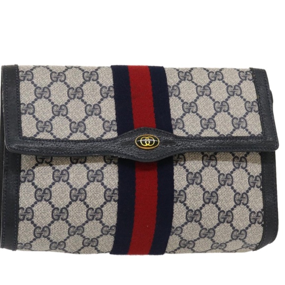 Vintage GUCCI GG Clutch Bag Sherry Line Navy PVC Leather - Picture 1 of 10